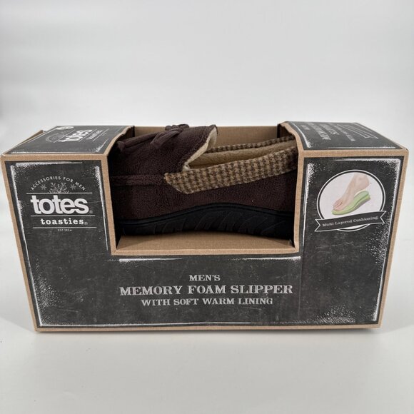 New TOTES Toasties Men's MEMORY FOAM SLIPPERS Brown Plaid Trim LARGE 9-10 Comfy - Picture 1 of 5